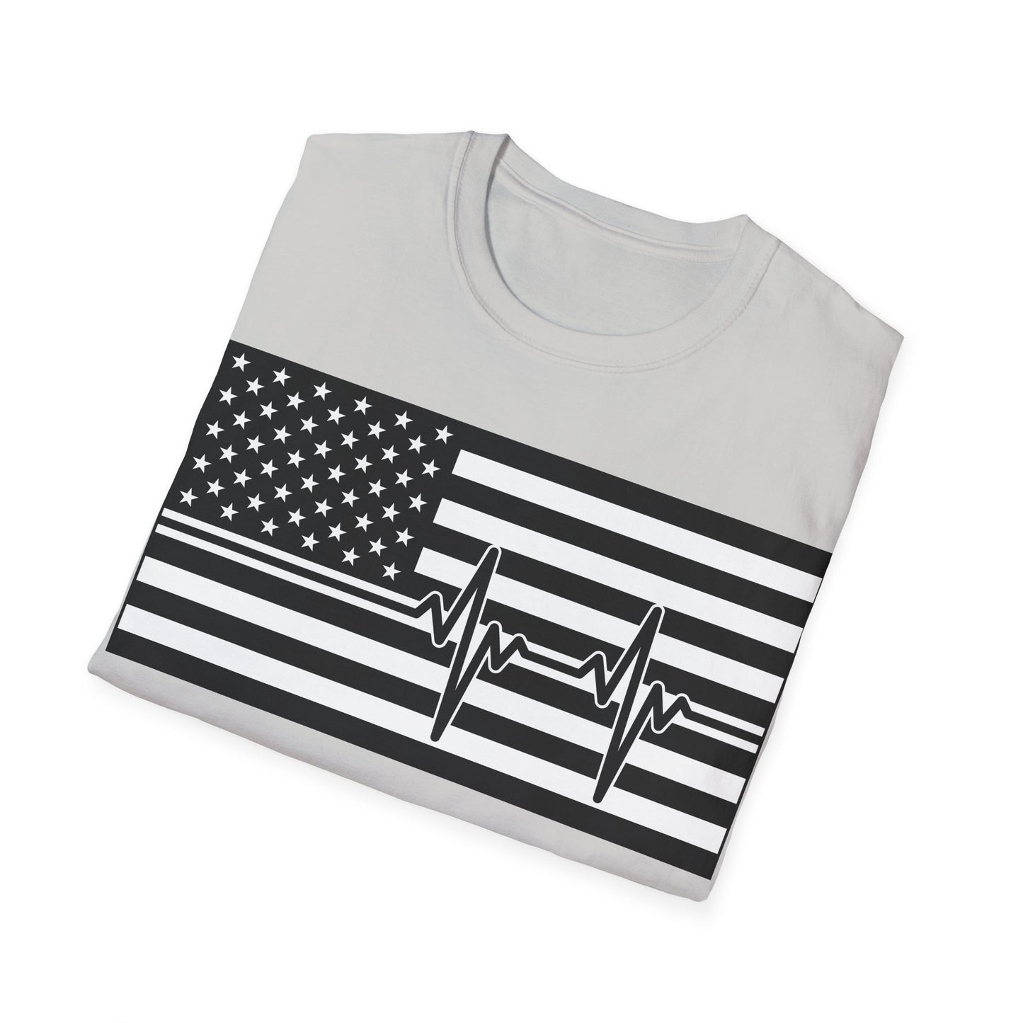 American Flag Heartbeat B&W - Unisex Softstyle T-Shirt