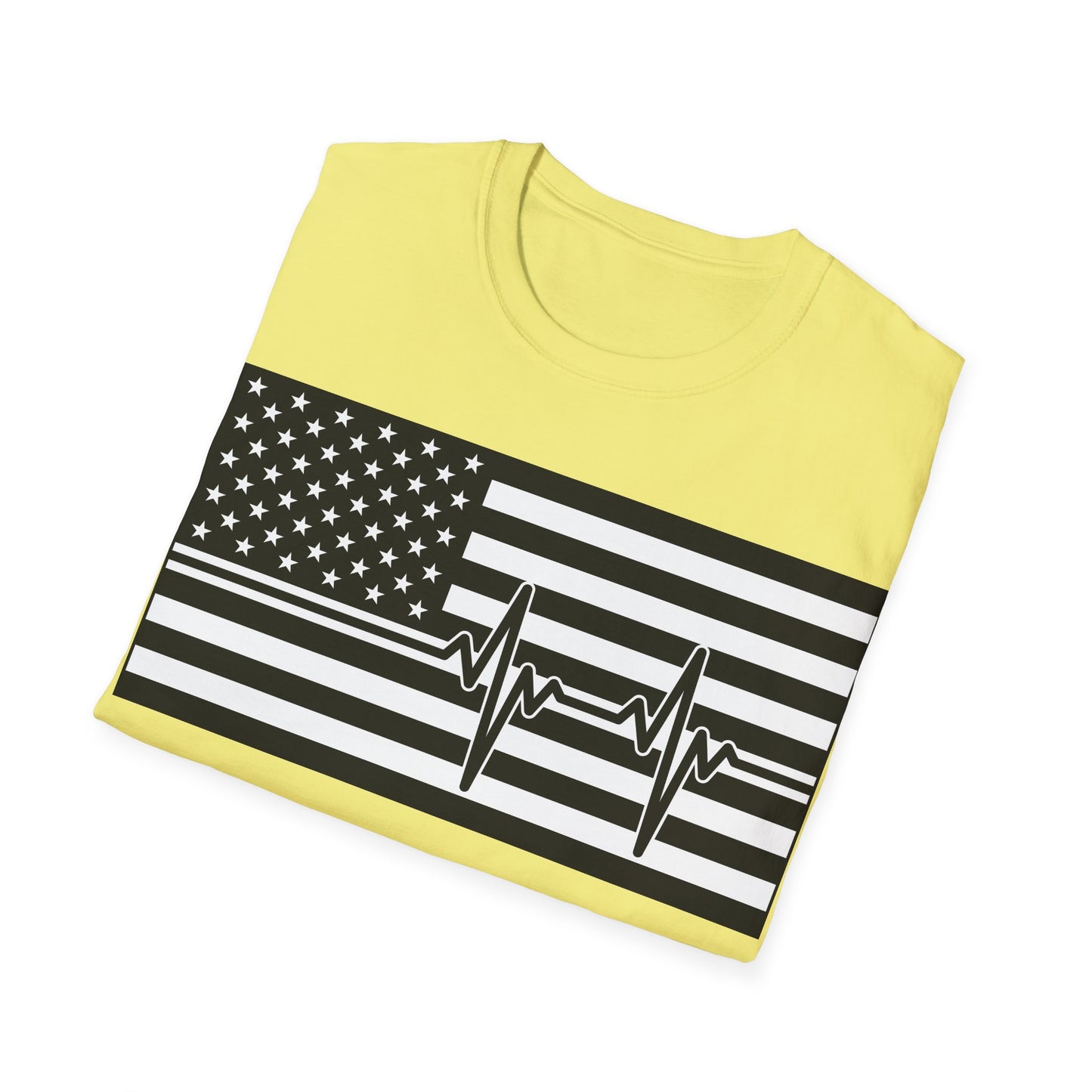American Flag Heartbeat B&W - Unisex Softstyle T-Shirt