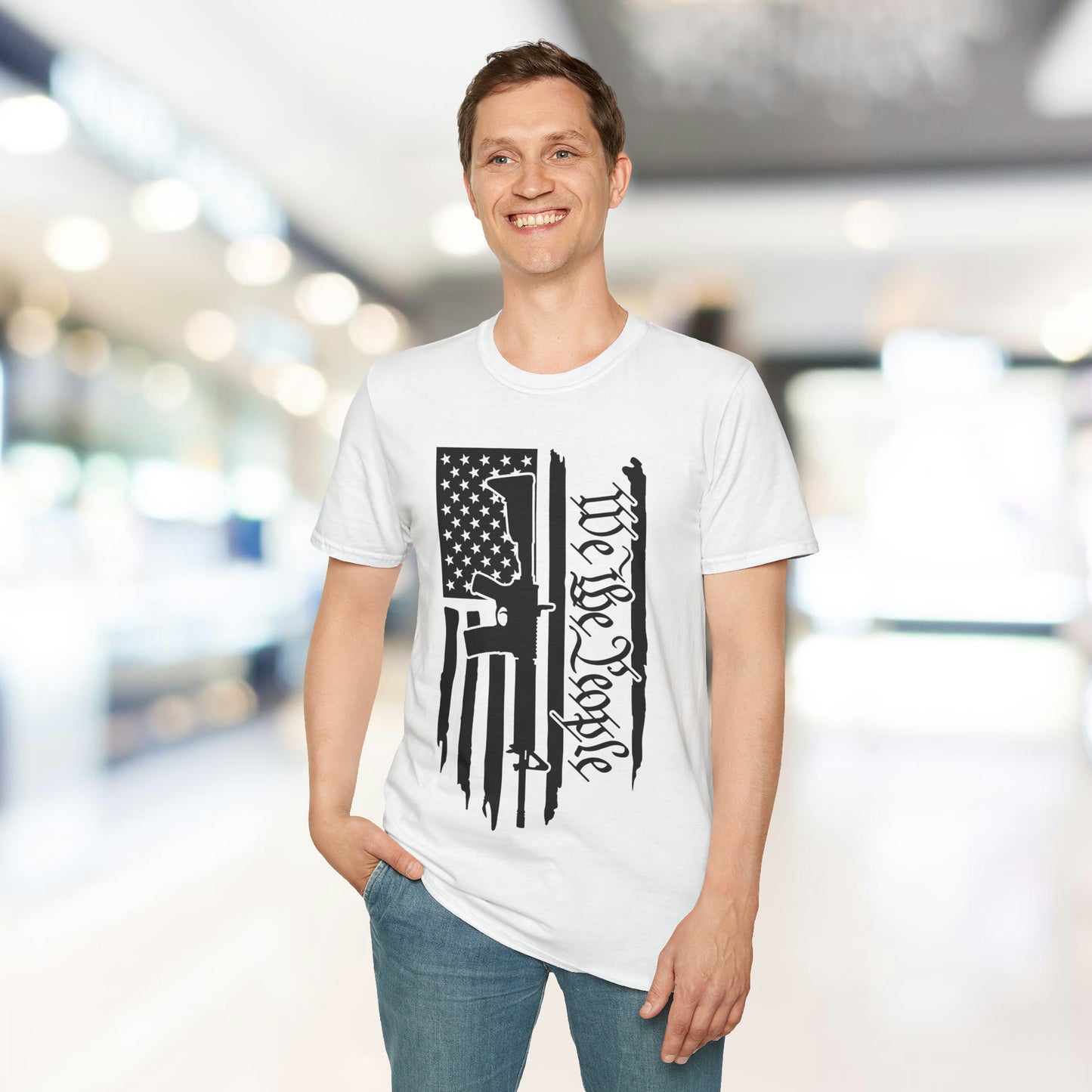 Distressed Vertical American Flag B&W - We The People - Unisex Softstyle T-Shirt