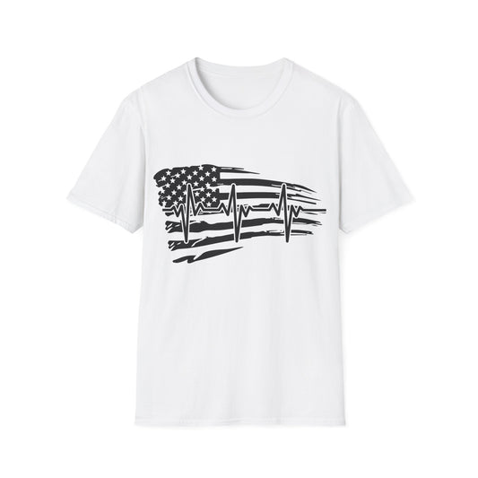 Distressed Flag Heartbeat B&W - Unisex Softstyle T-Shirt