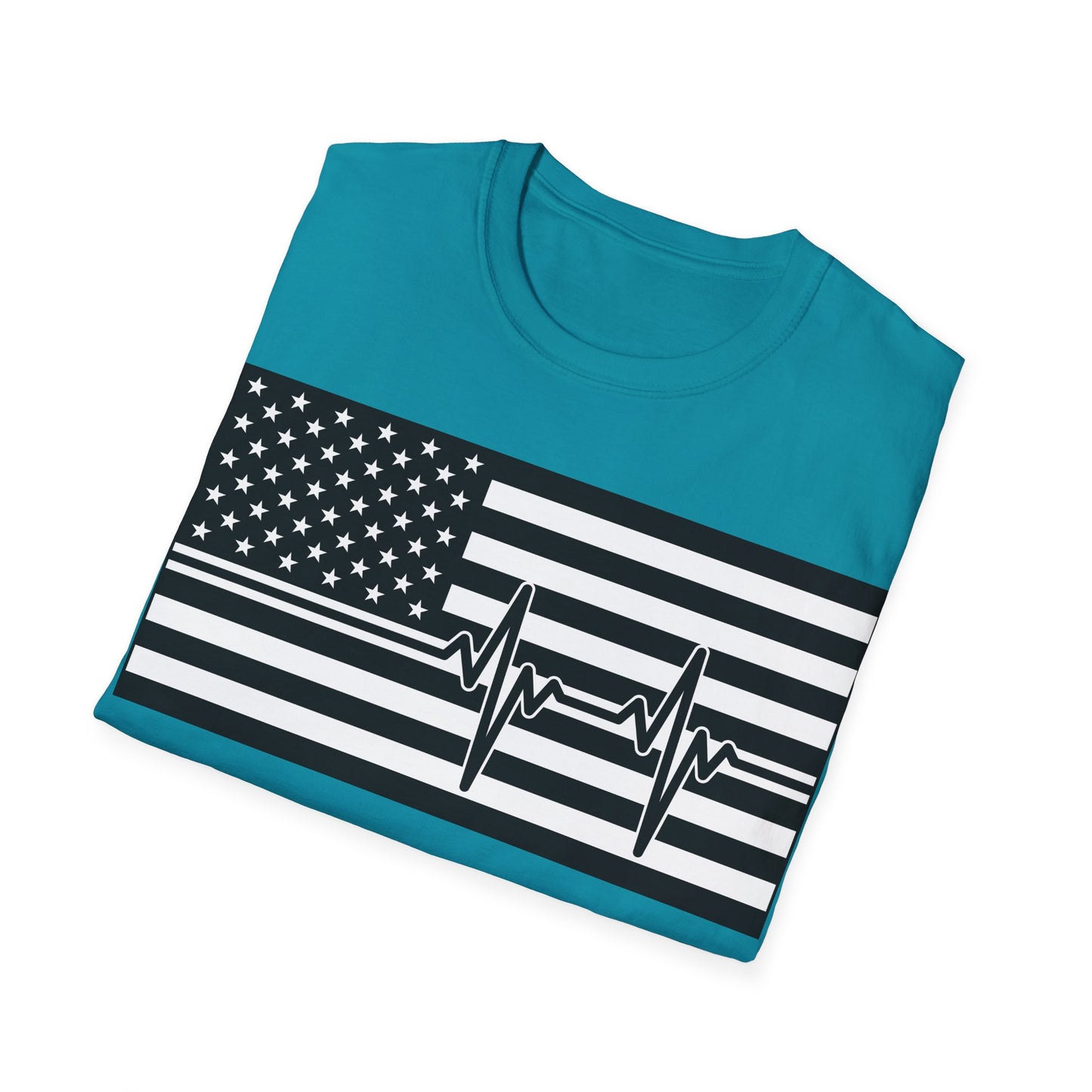 American Flag Heartbeat B&W - Unisex Softstyle T-Shirt