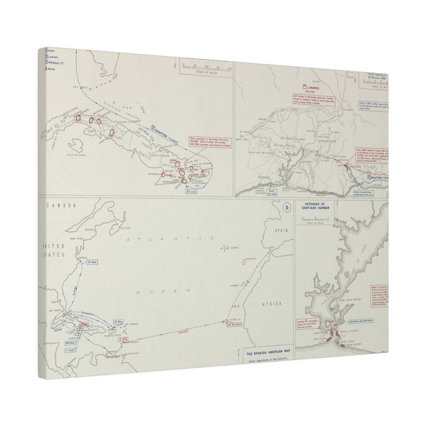 Spanish-American War, Santiago Campaign, Naval Operatoins in the Atlantic Apr-May, Defenses of Santiago Harbor, Spanish Dispositions 20 June, Initial Ops 22-24 June 1898