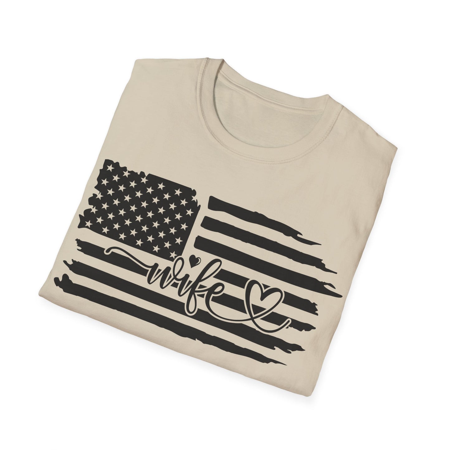 Distressed American Flag B&W - Wife - Unisex Softstyle T-Shirt