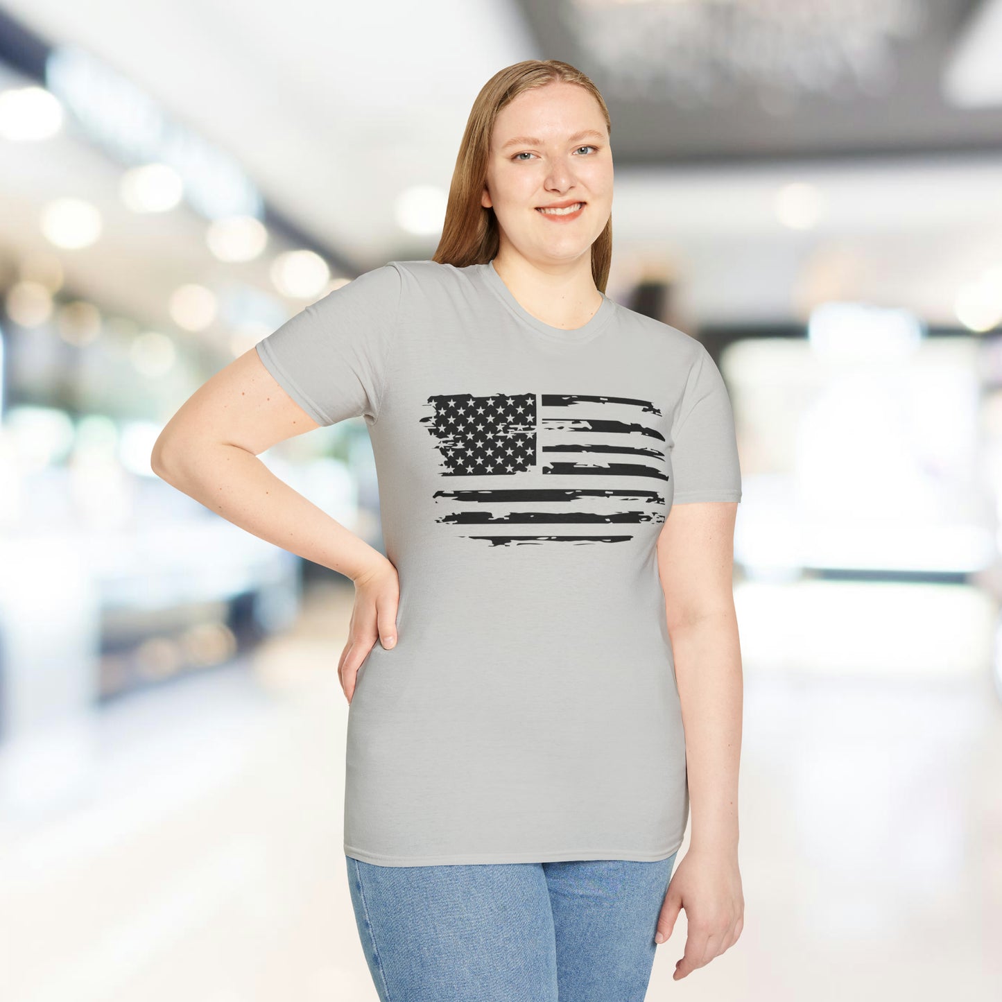 Distressed American Flag B&W - Unisex Softstyle T-Shirt