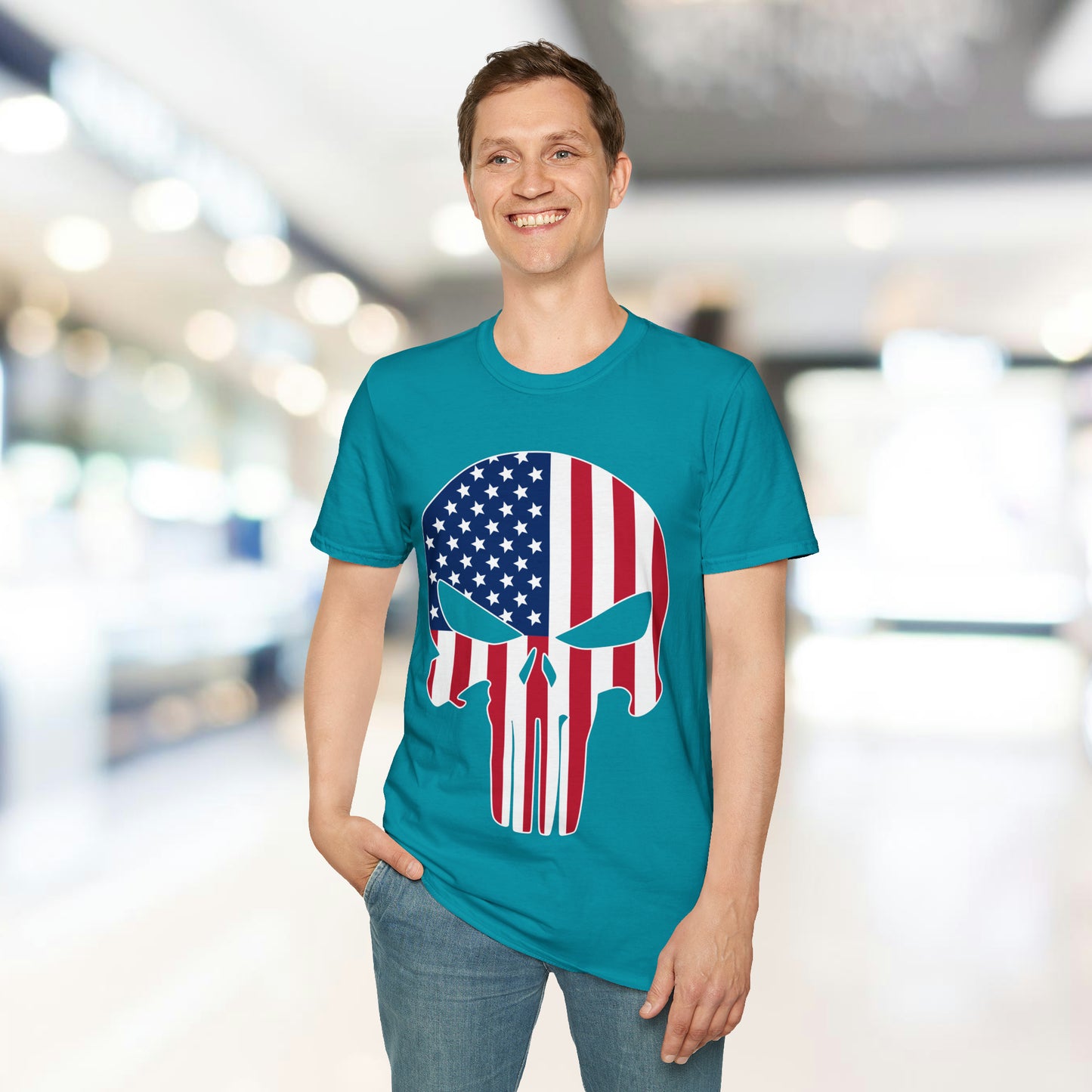 American Skull Flag Color - Unisex Softstyle T-Shirt