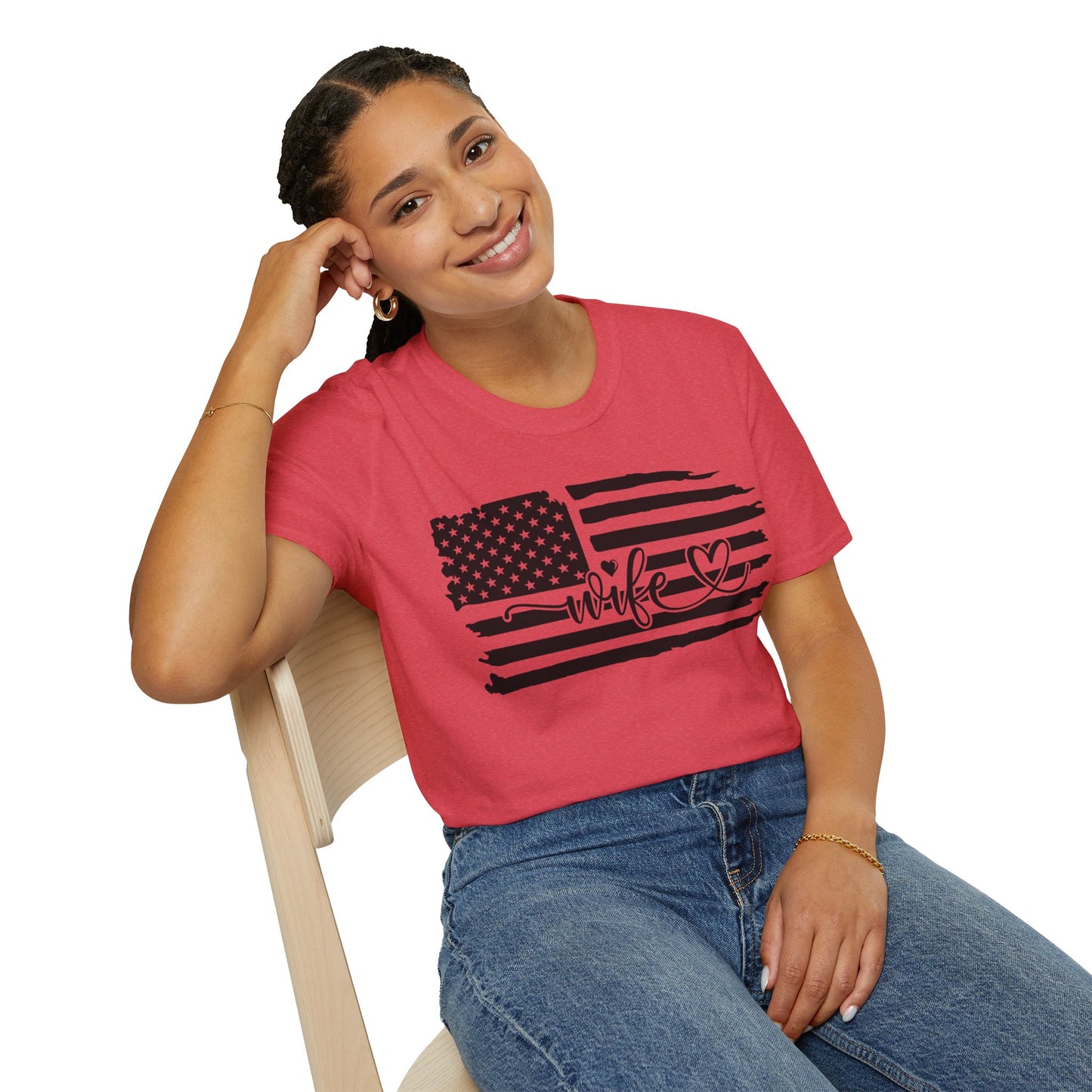 Distressed American Flag B&W - Wife - Unisex Softstyle T-Shirt