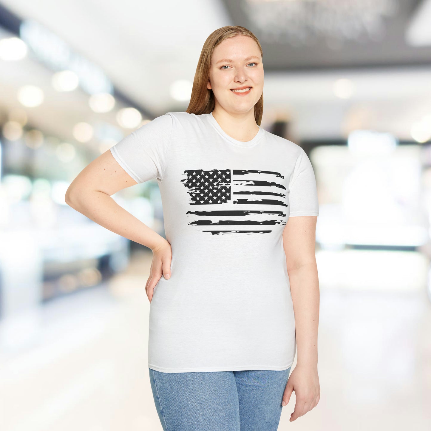 Distressed American Flag B&W - Unisex Softstyle T-Shirt