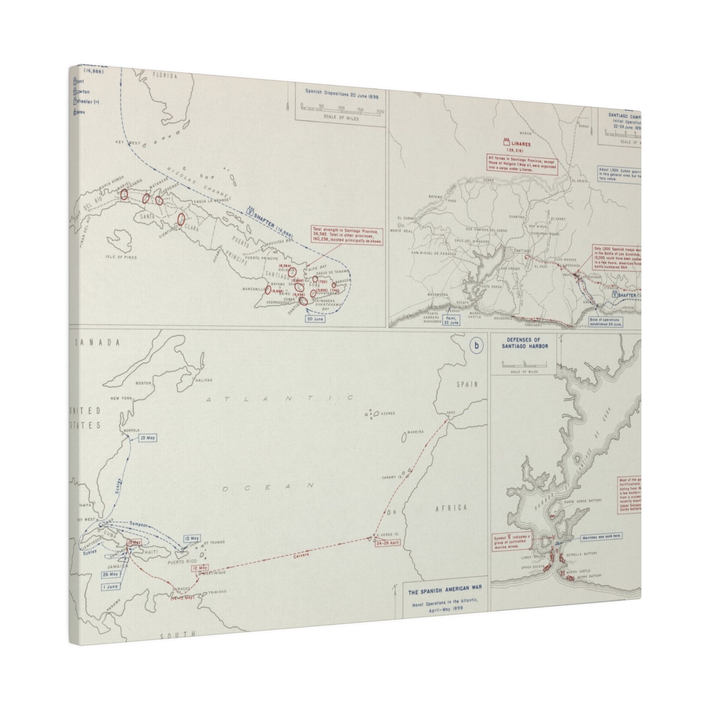 Spanish-American War, Santiago Campaign, Naval Operatoins in the Atlantic Apr-May, Defenses of Santiago Harbor, Spanish Dispositions 20 June, Initial Ops 22-24 June 1898