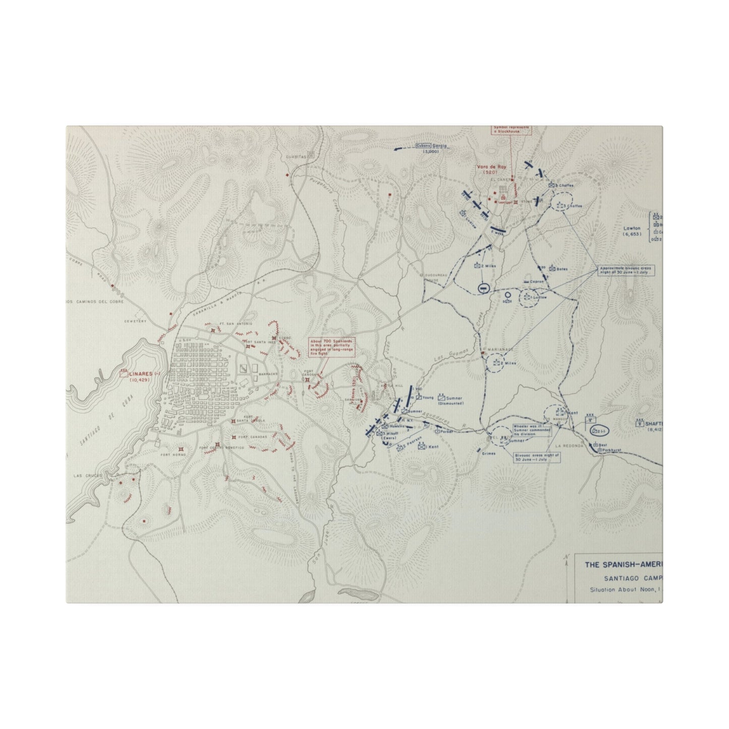 Spanish-American War, Santiago Campaign, Situation Noon 1 July 1898