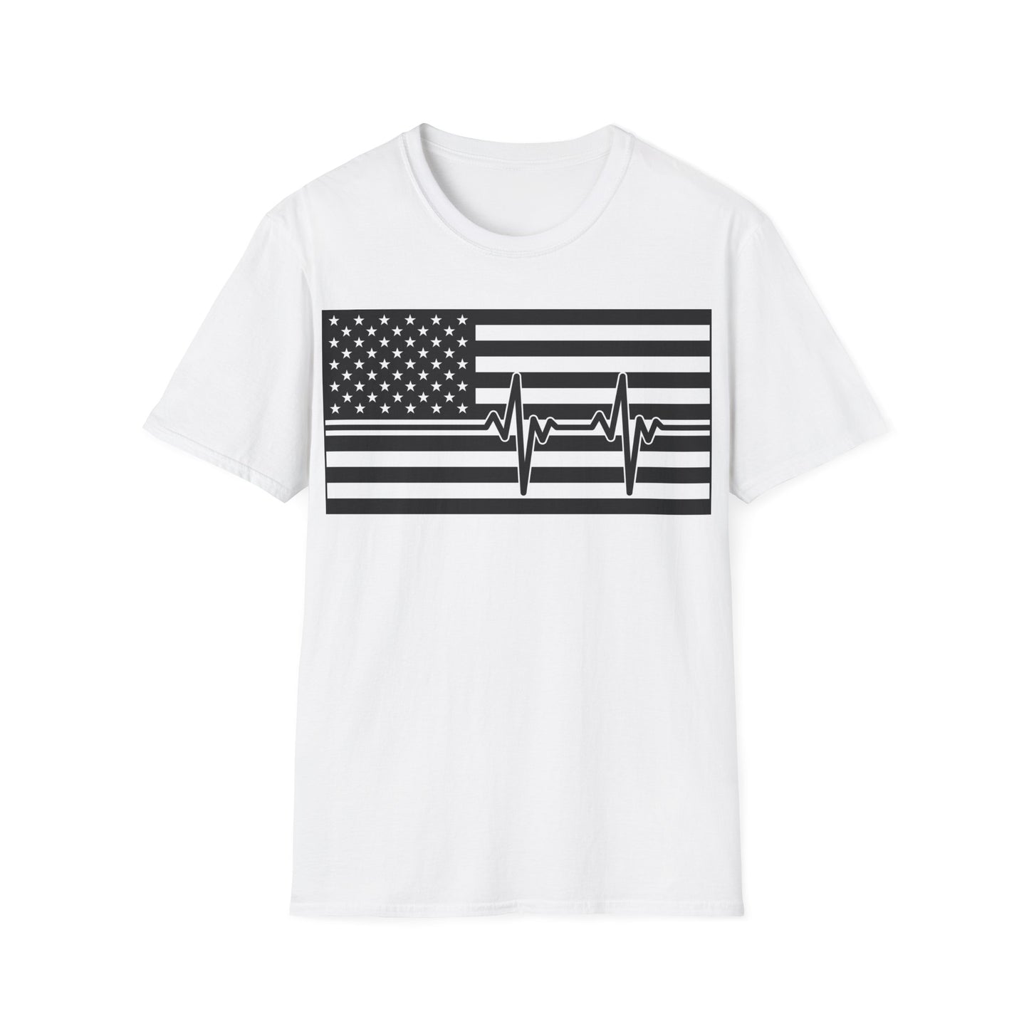 American Flag Heartbeat B&W - Unisex Softstyle T-Shirt