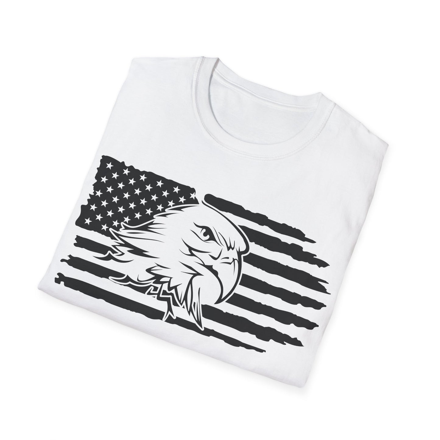 Distressed American Flag B&W - Eagle - Unisex Softstyle T-Shirt