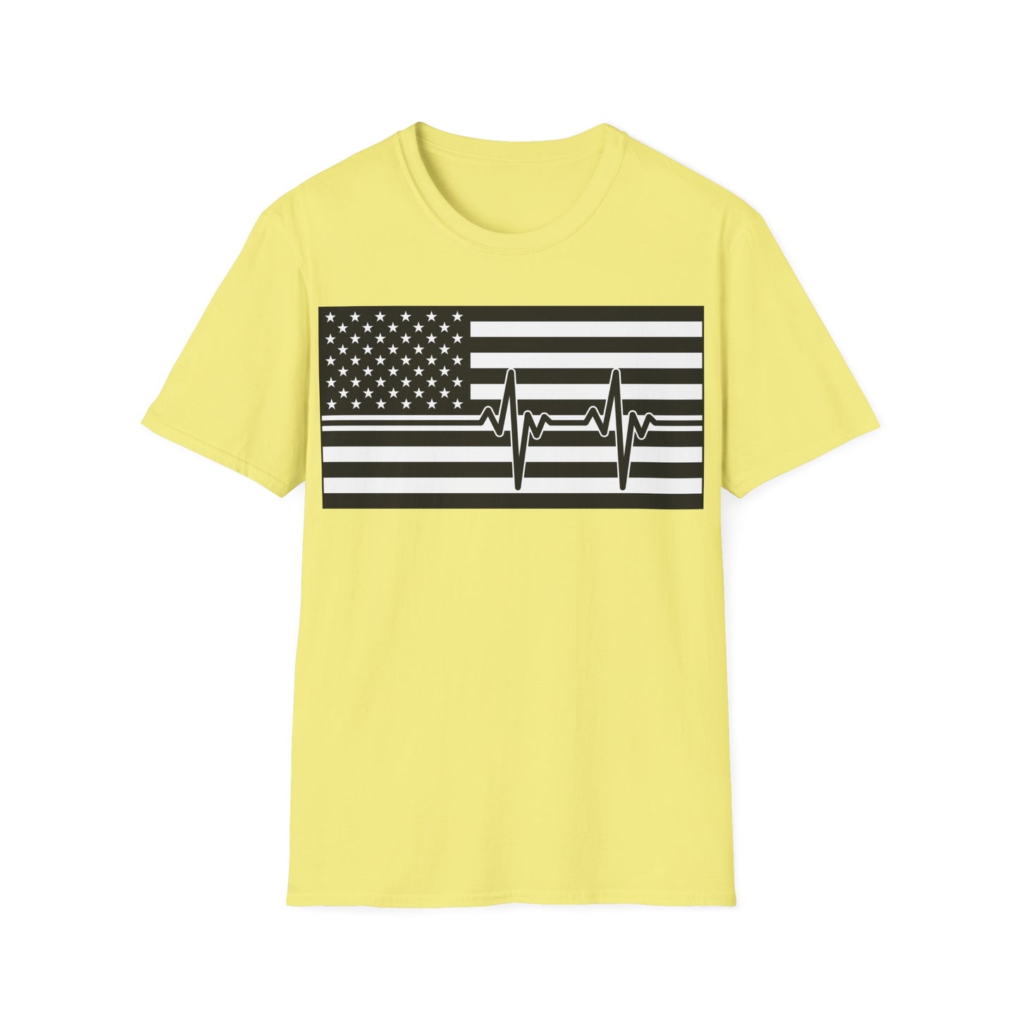 American Flag Heartbeat B&W - Unisex Softstyle T-Shirt