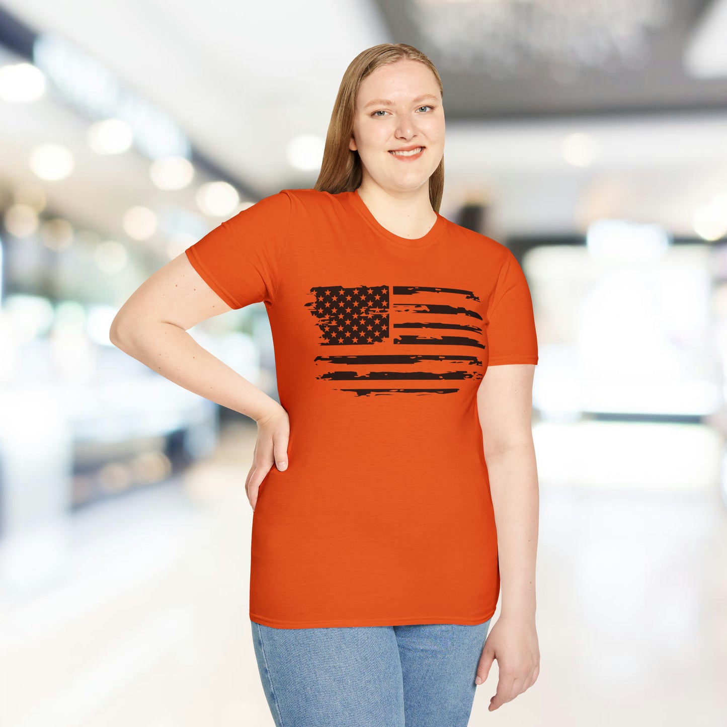 Distressed American Flag B&W - Unisex Softstyle T-Shirt