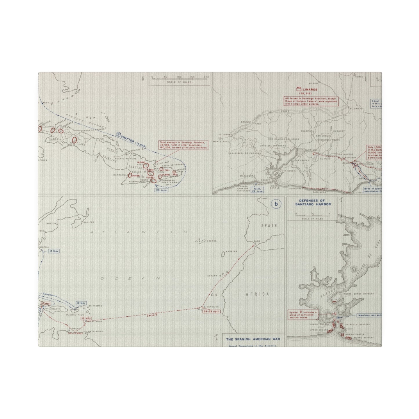 Spanish-American War, Santiago Campaign, Naval Operatoins in the Atlantic Apr-May, Defenses of Santiago Harbor, Spanish Dispositions 20 June, Initial Ops 22-24 June 1898