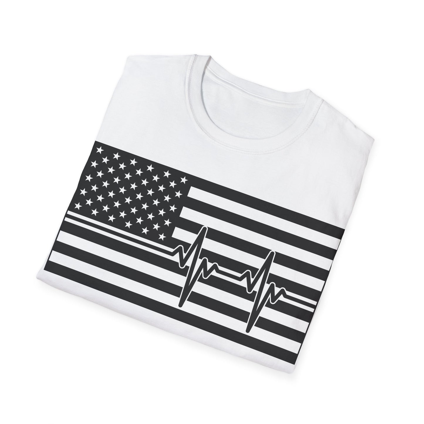 American Flag Heartbeat B&W - Unisex Softstyle T-Shirt