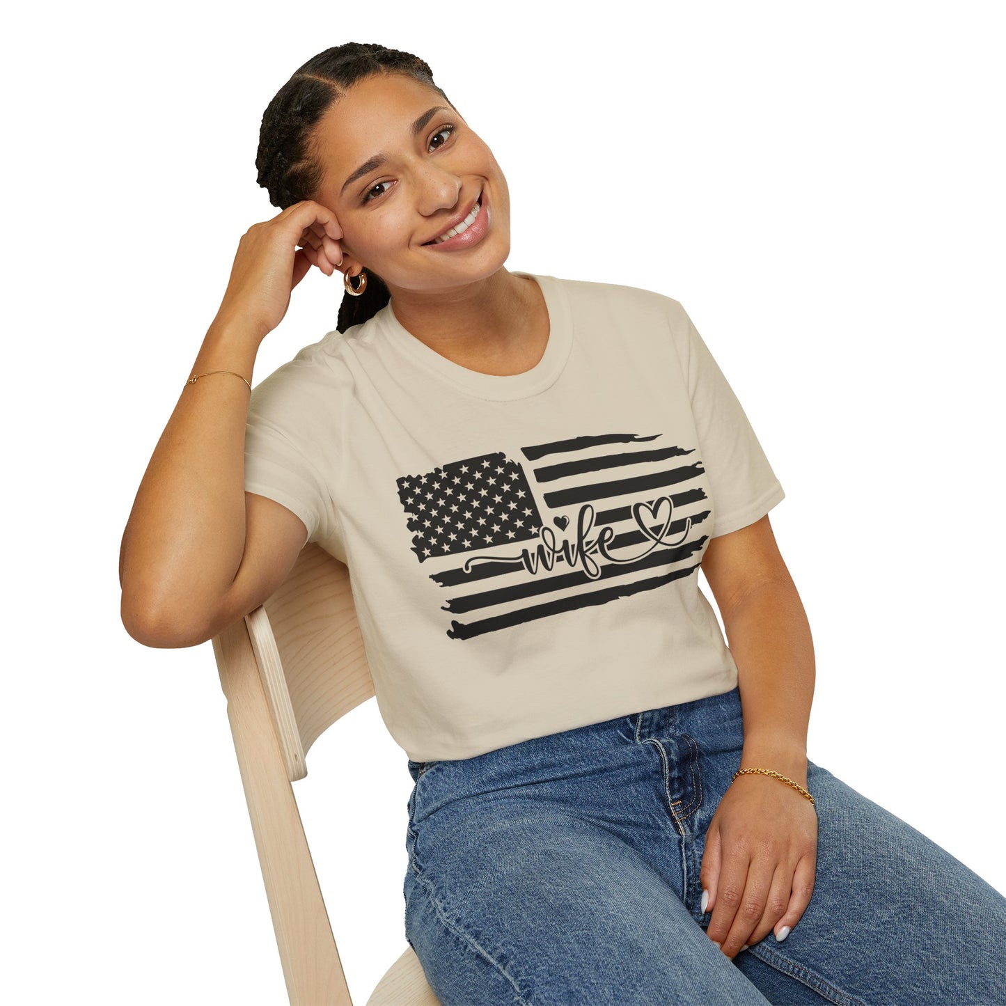 Distressed American Flag B&W - Wife - Unisex Softstyle T-Shirt