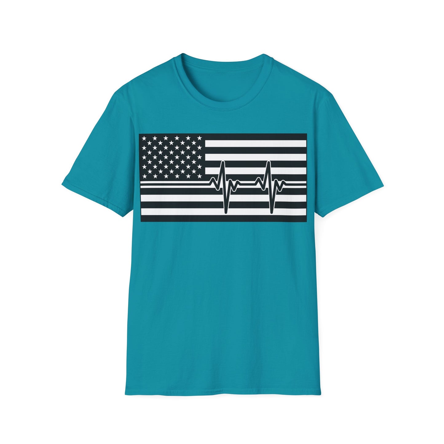 American Flag Heartbeat B&W - Unisex Softstyle T-Shirt