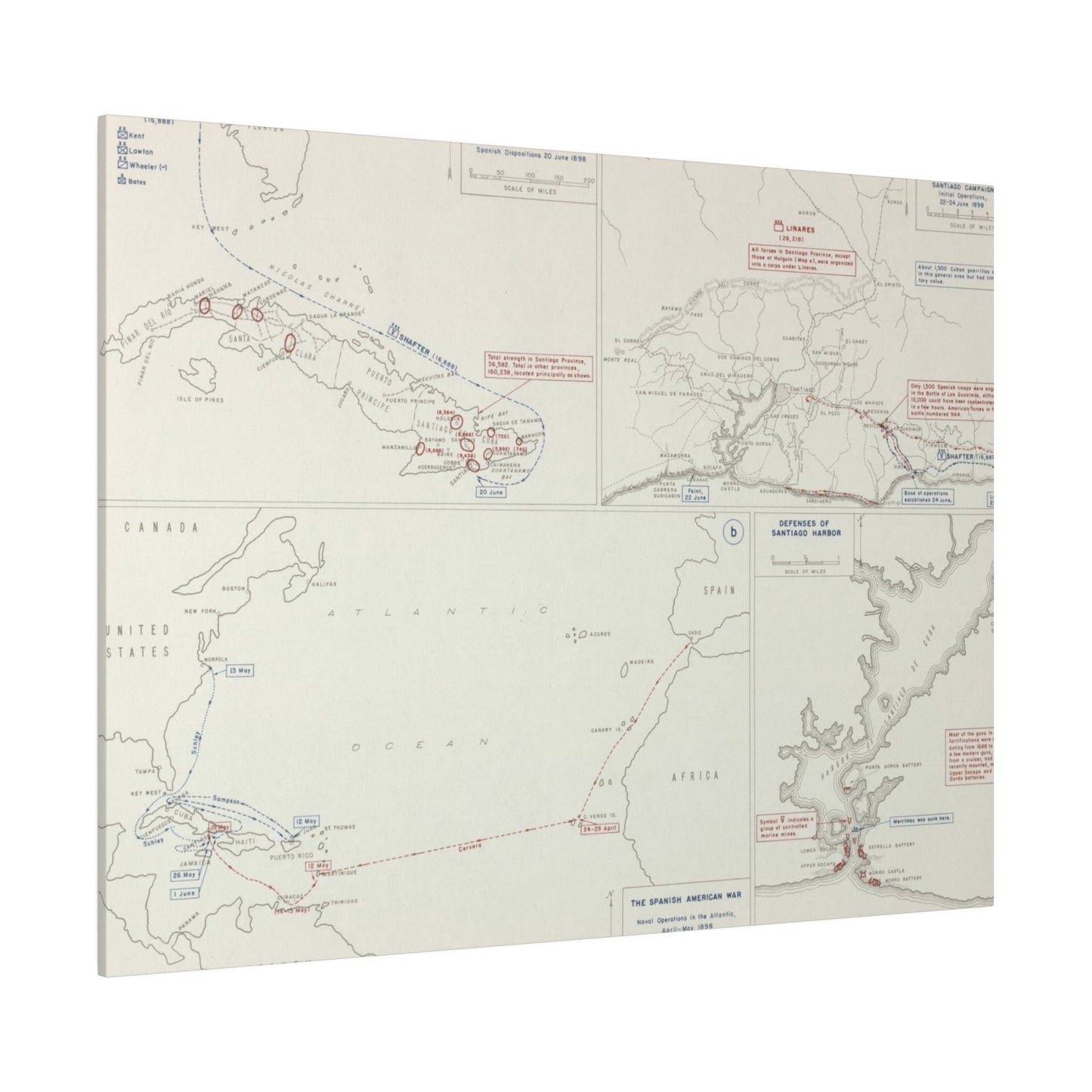 Spanish-American War, Santiago Campaign, Naval Operatoins in the Atlantic Apr-May, Defenses of Santiago Harbor, Spanish Dispositions 20 June, Initial Ops 22-24 June 1898